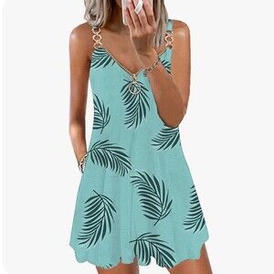 NWT Flowy aqua leafy dress with gold embellishments and pockets size medium